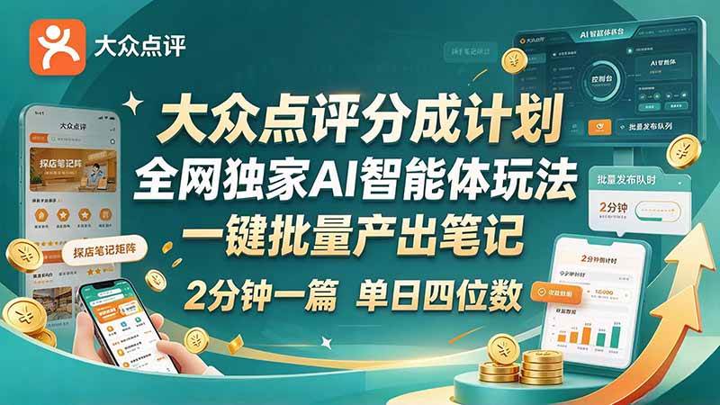 （21055期）最新大众点评分成计划 全网独家 AI 智能体玩法，一键批量产出笔记，2 分钟一篇，新手直接跑出单日四位数-优优云网创-中创网