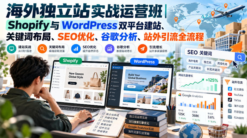 海外独立站实战运营班|Shopify与WordPress双平台建站、关键词布局、SEO优化、谷歌分析、站外引流全流程-优优云网创-中创网