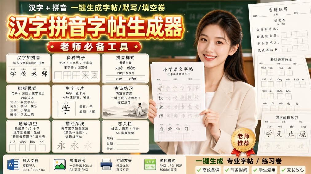 学习神器,汉字拼音字帖生成器,汉字+拼音 一键生成字帖/默写/填空卷,支持词组、成语,老师、家长必备-优优云网创-中创网