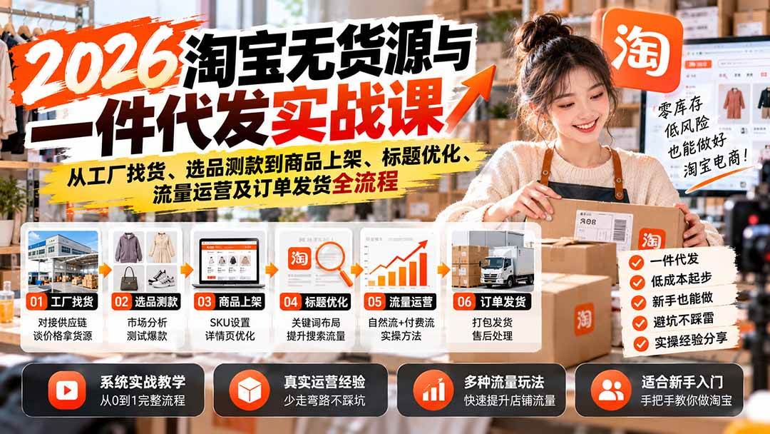 （20903期）2026淘宝无货源与一件代发实战课：从工厂找货、选品测款到商品上架、标题优化、流量运营及订单发货全流程-优优云网创-中创网