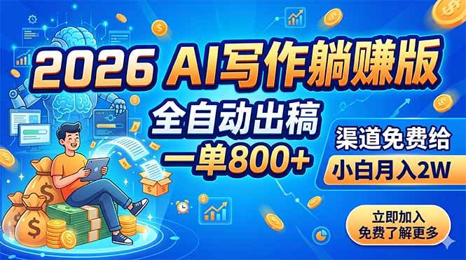 (18885期)2026 AI写作躺赚版:全自动出稿,一单800+,渠道免费给,小白月入2W-优优云网创