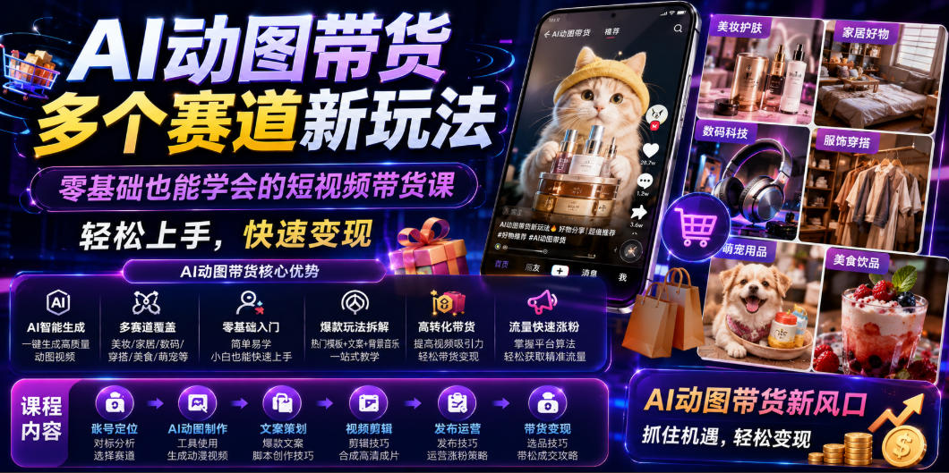 AI动图带货多个赛道新玩法，零基础也能学会的短视频带货课，轻松上手，快速变现-优优云网创