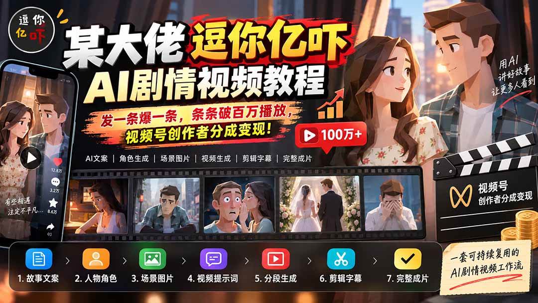 （20388期）某大佬逗你亿吓AI低模剧情视频制作教程：发一条爆一条，条条破百万播放，利用视频号创作者分成变现!-优优云网创-中创网