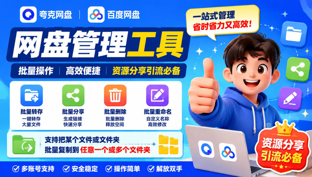 夸克网盘批量文件重命名,批量转存、批量分享、批量复制,内置AI功能-优优云网创-中创网