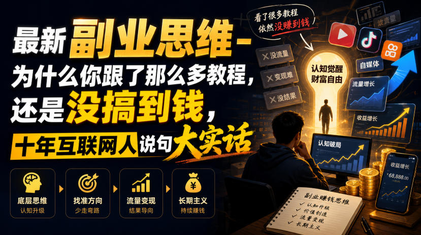 最新副业思维-为什么你跟了那么多教程,还是没搞到钱,十年互联网人说句大实话【揭秘】-优优云网创
