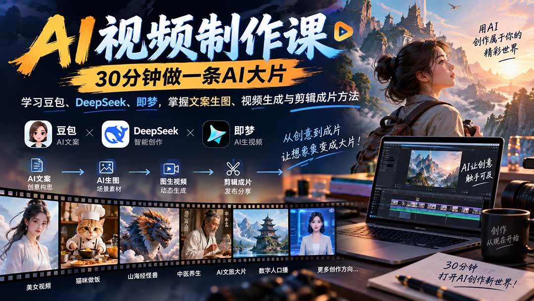 (20380期)AI视频制作课-30分钟做一条AI大片:学习豆包、DeepSeek、即梦,掌握文案生图、视频生成与剪辑成片方法-优优云网创-中创网