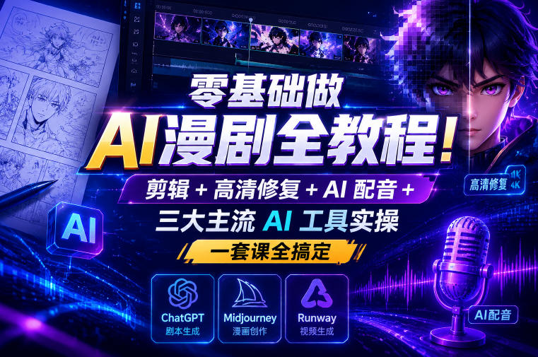 零基础做AI漫剧全教程!剪辑+高清修复+AI配音+三大主流AI工具实操,一套课全搞定-优优云网创