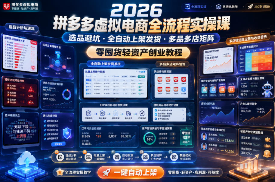 2026拼多多虚拟电商全流程实操课，选品避坑・全自动上架发货・多品多店矩阵，零囤货轻资产创业教程-优优云网创