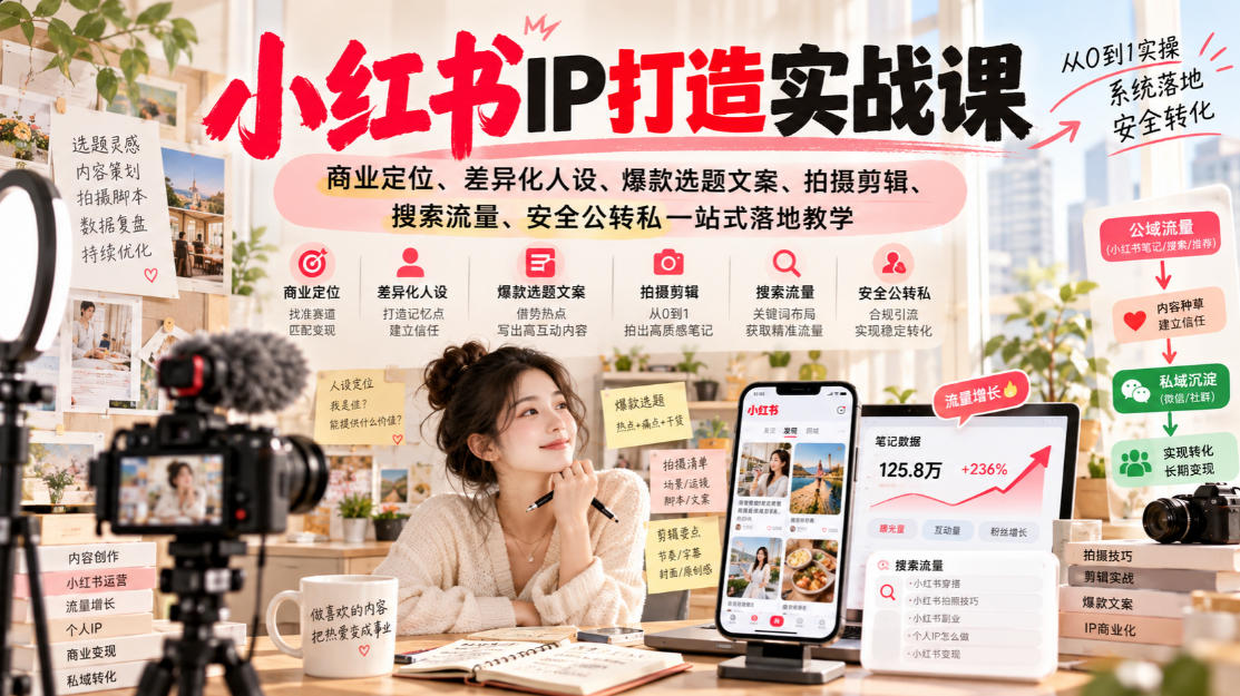 小红书ip打造实战课,商业定位、差异化人设、爆款选题文案、拍摄剪辑、搜索流量、安全公转私一站式落地教学-优优云网创-中创网