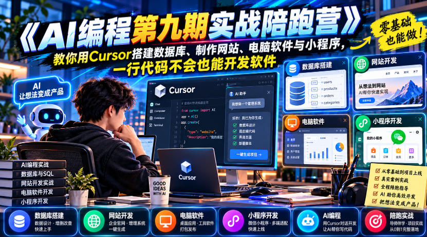 【无水印】《AI编程第九期实战陪跑营》教你用Cursor搭建数据库、制作网站、电脑软件与小程序,一行代码不会也能开发软件 【无水印】《AI编程第九期实战陪跑营》教你用Cursor搭建数据库、制作网站、电脑软件与小程序,一行代码不会也能开发软件