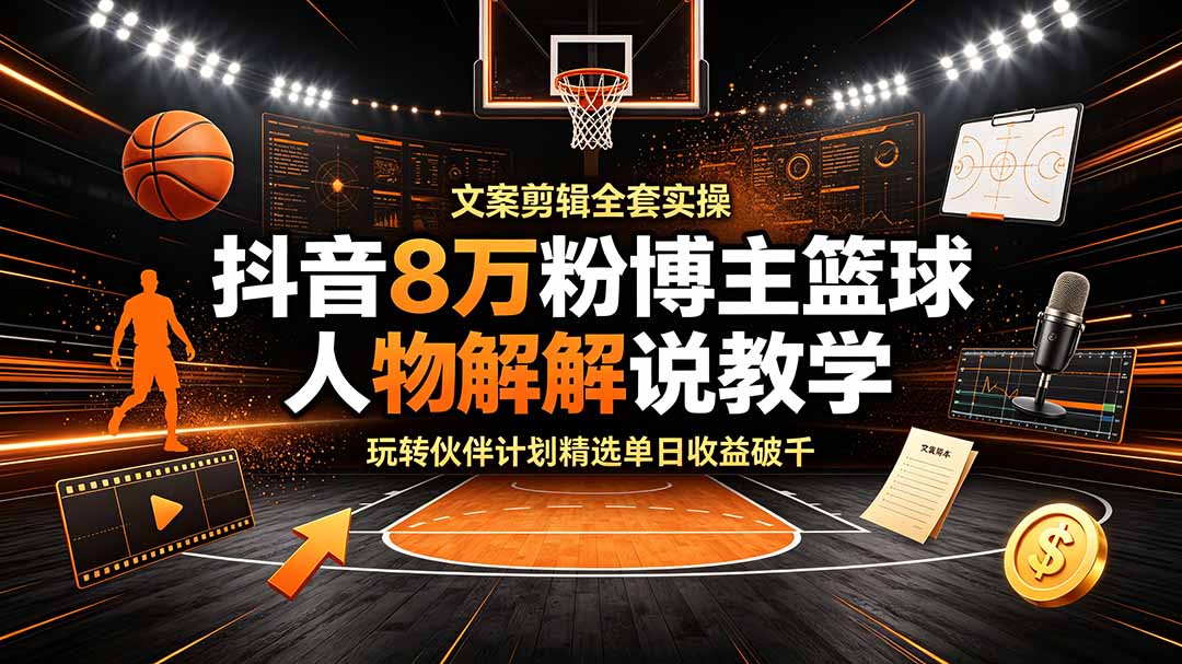 抖音8万粉博主篮球人物解说教学,文案剪辑全套实操,玩转伙伴计划精选单日收益破千-优优云网创