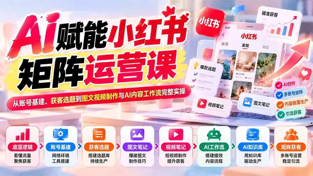 (20822期)AI赋能小红书矩阵运营课:从账号基建、获客选题到图文视频制作与AI内容工作流完整实操-优优云网创-中创网