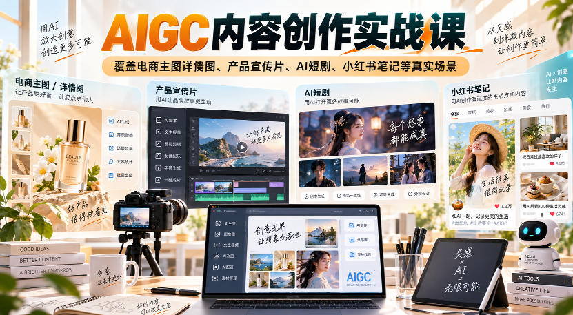 AIGC内容创作实战课,覆盖电商主图详情图、产品宣传片、AI短剧、小红书笔记等真实场景-优优云网创-中创网
