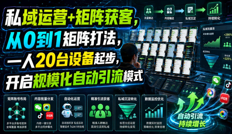 私域运营+矩阵获客,从0到1矩阵打法,一人20台设备起步,开启规模化自动引流模式!-优优云网创