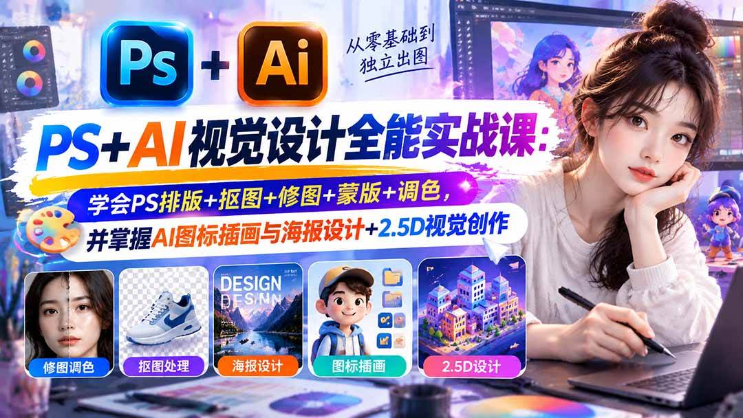 (20749期)【无水印】PS+AI视觉设计全能实战课:学会PS排版+抠图+修图+蒙版+调色,并掌握AI图标插画与海报设计+2.5D视觉创作-优优云网创-中创网