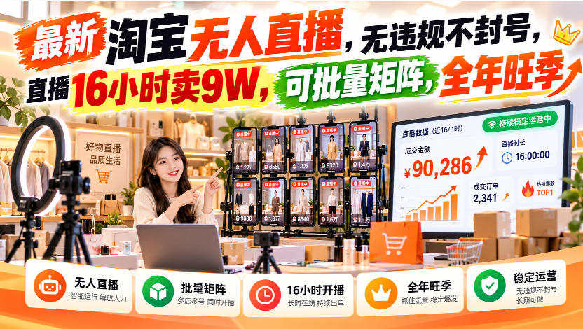 最新淘宝无人直播,无违规不封号,直播16小时卖9W,可批量矩阵,全年旺季【揭秘】 最新淘宝无人直播,无违规不封号,直播16小时卖9W,可批量矩阵,全年旺季【揭秘】