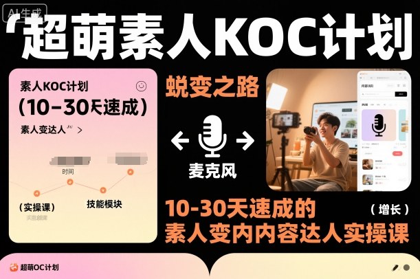 超萌素人KOC计划,10-30天速成的素人变内容达人实操课,适合想做短剧小说推文电商推广的素人入局-优优云网创
