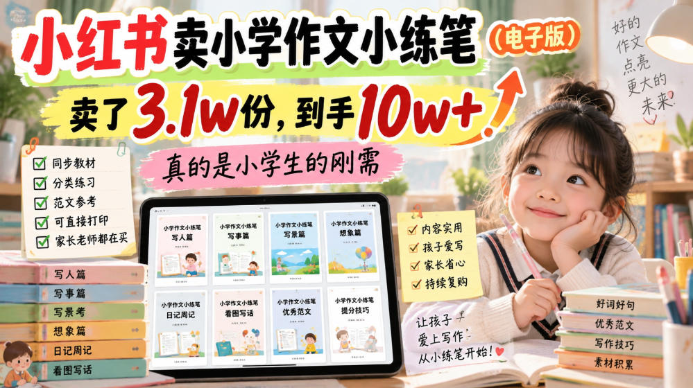 小红书卖小学作文小练笔(电子版),卖了3.1w份,到手10w+,真的是小学生的刚需-优优云网创-中创网