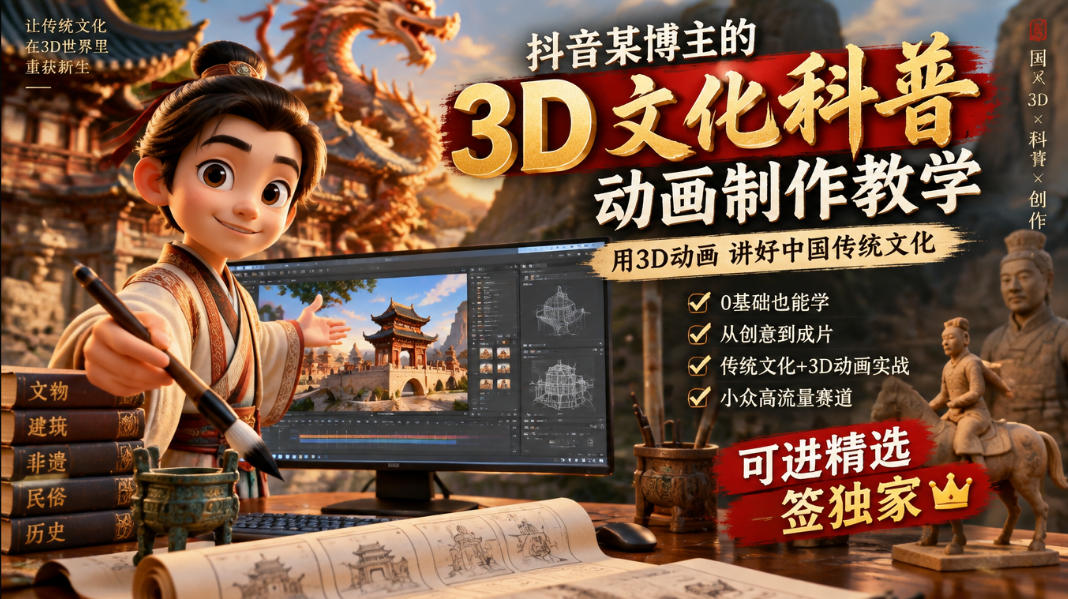 抖音某博主的3D文化科普动画制作教学，用3D动画呈现中国传统文化，可进精选签独家，单日收益1k+-优优云网创-中创网