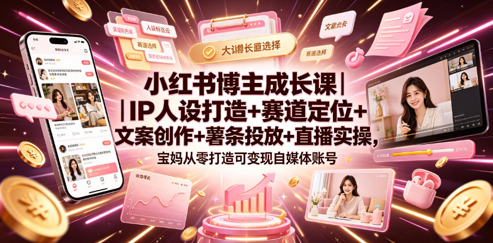 小红书博主成长课｜IP人设打造+赛道定位+文案创作+薯条投放+直播实操，宝妈从零打造可变现自媒体账号-优优云网创
