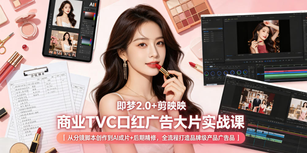 即梦2.0+剪映商业TVC口红广告大片实战课|从分镜脚本创作到AI成片+后期精修,全流程打造品牌级产品广告-优优云网创