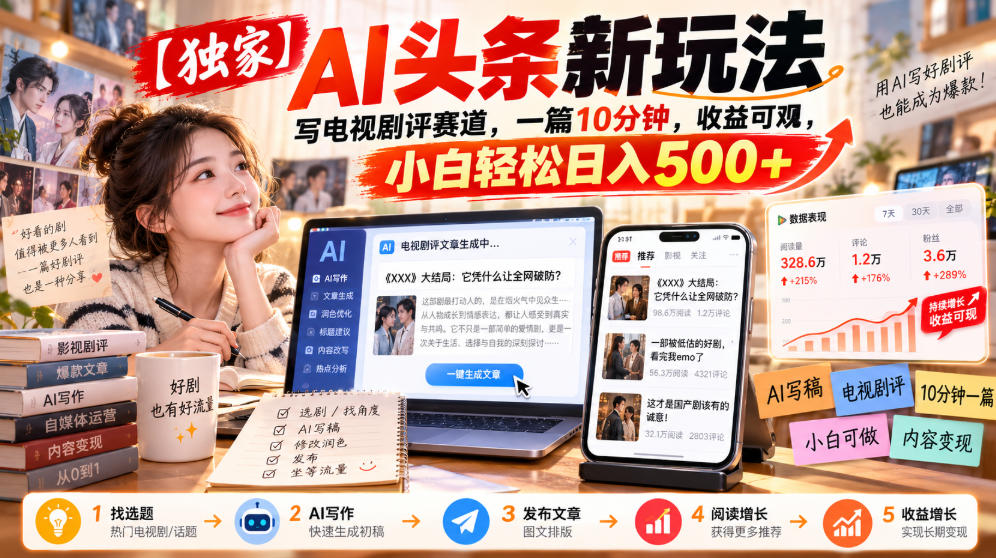 【独家】AI头条新玩法，写电视剧评赛道，一篇10分钟，收益可观，小白轻松日入500+-优优云网创-中创网