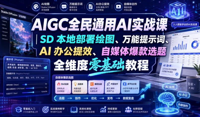 AIGC全民通用AI实战课|SD本地部署绘图、万能提示词、AI办公提效、自媒体爆款选题全维度零基础教程-优优云网创