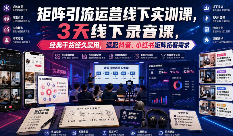 嗨推矩阵引流运营线下实训课,3天线下录音课,经典干货经久实用,适配抖音、小红书矩阵拓客需求-优优云网创
