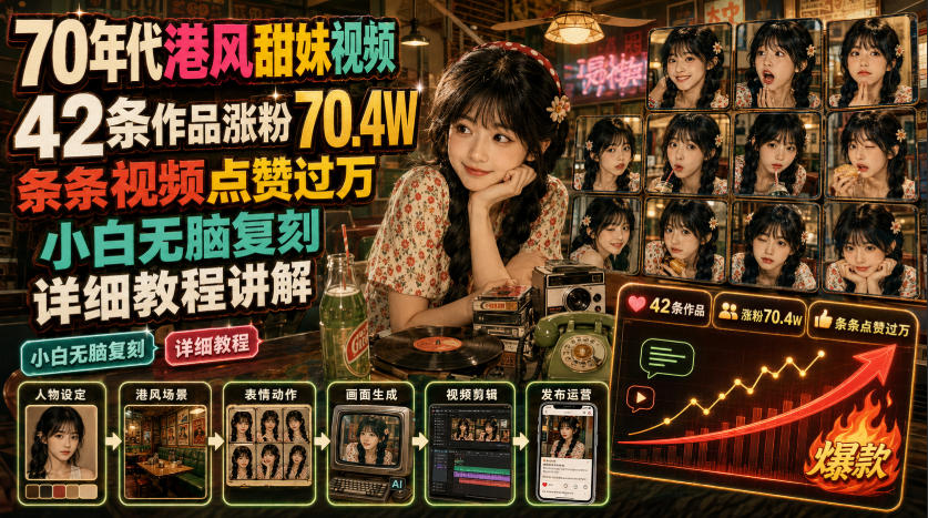 70年代港风甜妹视频,42条作品涨粉70.4W,条条视频点赞过万,小白无脑复刻,详细教程讲解-优优云网创