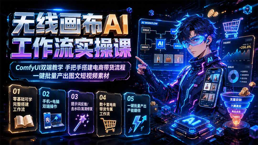 无线画布AI工作流实操课|ComfyUI双端教学,手把手搭建电商带货流程,一键批量产出图文短视频素材-优优云网创