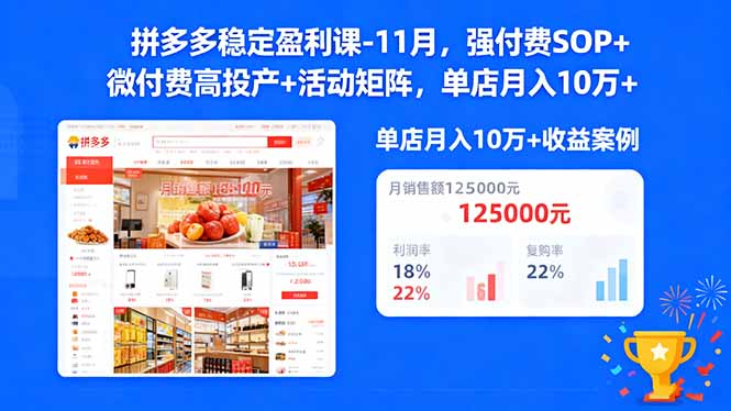 拼多多稳定盈利课-11月,强付费SOP+微付费高投产+活动矩阵,单店月入10w+-优优云网创