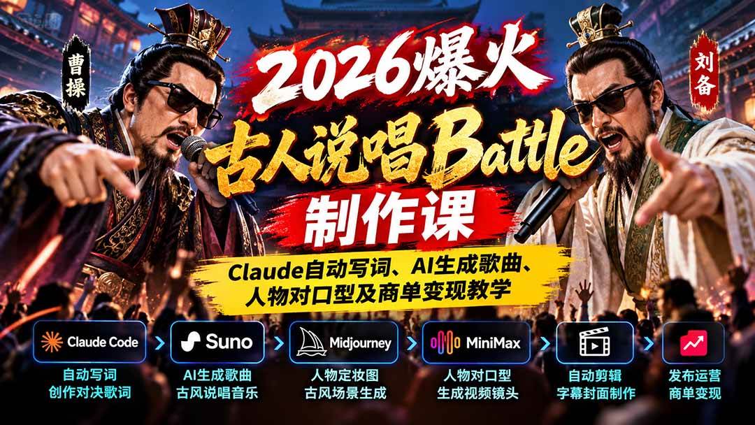 （21059期）2026爆火古人说唱Battle制作课：Claude自动写词、AI生成歌曲、人物对口型及商单变现教学-优优云网创-中创网