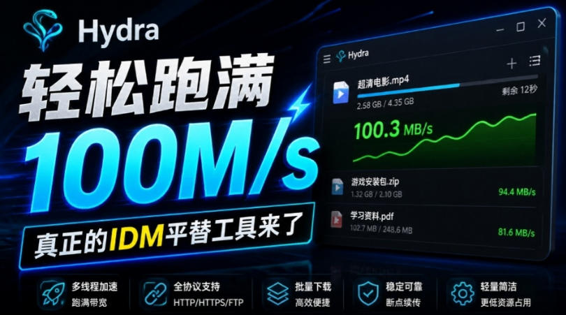 轻松跑满100M/s，真正的IDM平替工具来了，开源多线程器，支持浏览器拓展，一键智能加速Hydra Download Manager-优优云网创-中创网