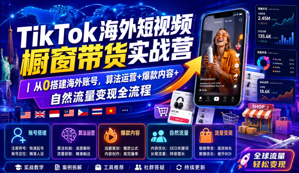 TikTok海外短视频橱窗带货实战营|从0搭建海外账号,算法运营+爆款内容+自然流量变现全流程-优优云网创