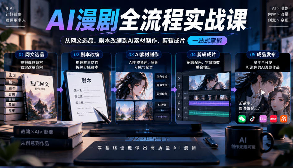 AI漫剧全流程实战课,覆盖从网文选品、剧本改编到AI素材制作、剪辑成片的完整链路-优优云网创-中创网