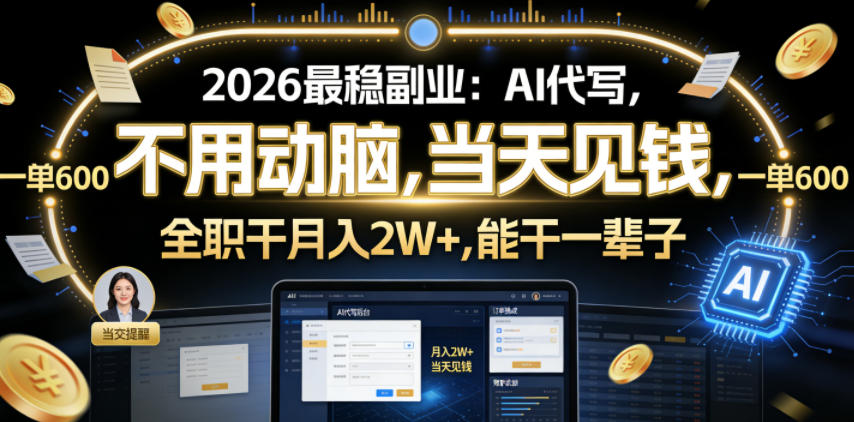 2026最稳副业:AI代写,不用动脑,当天见钱,一单600,全职干月入2W+,能干一辈子【揭秘】-优优云网创