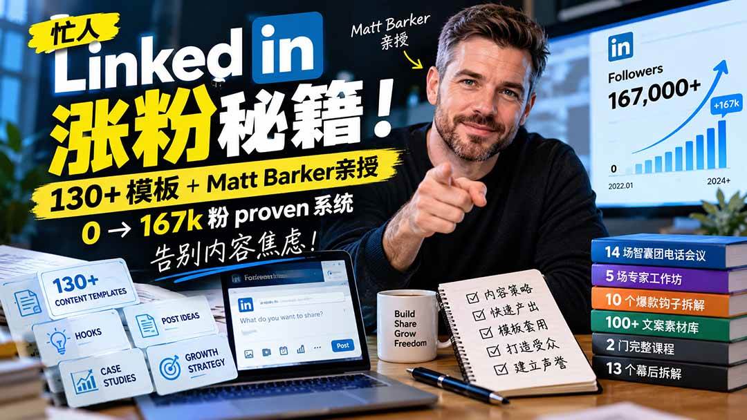 (21215期)【无水印】忙人LinkedI 涨粉秘籍!130+模板+Matt Barker亲授:0→167k粉proven系统,告别内容焦虑【原创双语字幕】 (21215期)【无水印】忙人LinkedI 涨粉秘籍!130+模板+Matt Barker亲授:0→167k粉proven系统,告别内容焦虑【原创双语字幕】