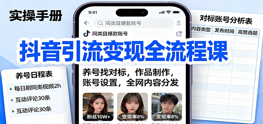 抖音引流变现全流程课:养号找对标,作品制作,账号设置,全网内容分发-优优云网创