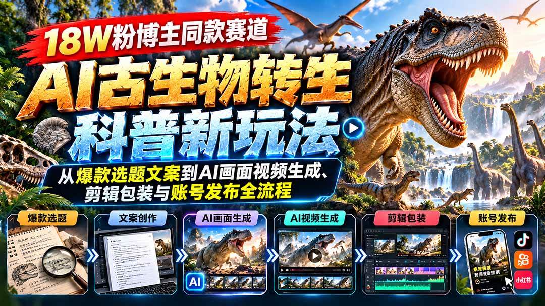 (20833期)18W粉博主同款赛道-AI古生物转生科普新玩法:从爆款选题文案到AI画面视频生成、剪辑包装与账号发布全流程-优优云网创-中创网