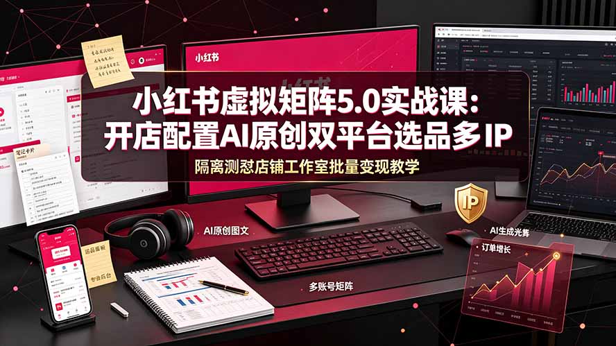 小红书虚拟矩阵5.0实战课：开店配置｜AI原创｜双平台选品｜多IP隔离｜测怼店铺工作室批量变现实操教学-优优云网创