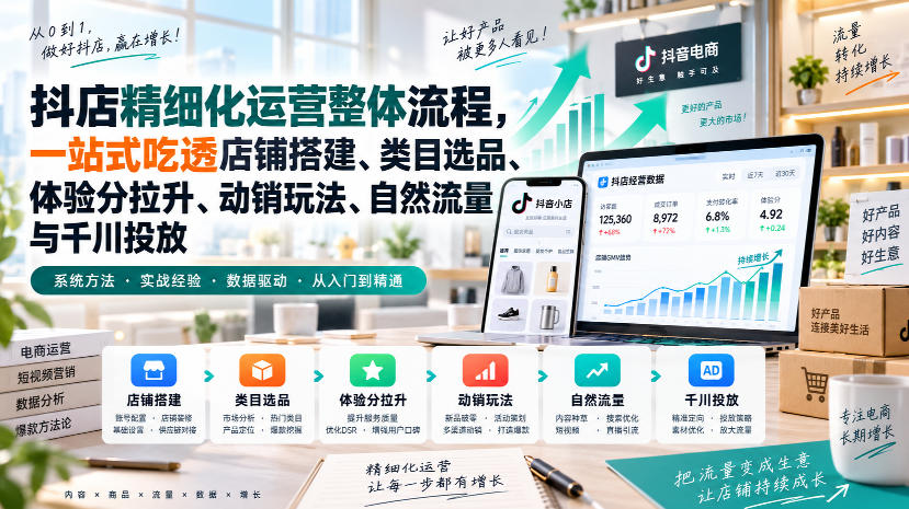 李哥电商-抖店精细化运营整体流程,一站式吃透店铺搭建、类目选品、体验分拉升、动销玩法、自然流量与千川投放-优优云网创-中创网