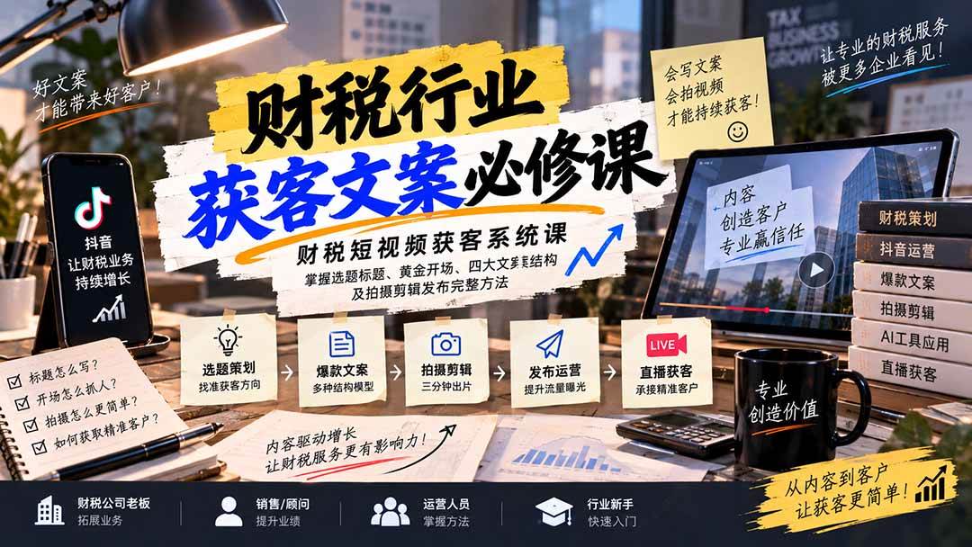 （20591期）财税短视频获客系统课：掌握选题标题、黄金开场、四大文案结构及拍摄剪辑发布完整方法-优优云网创-中创网
