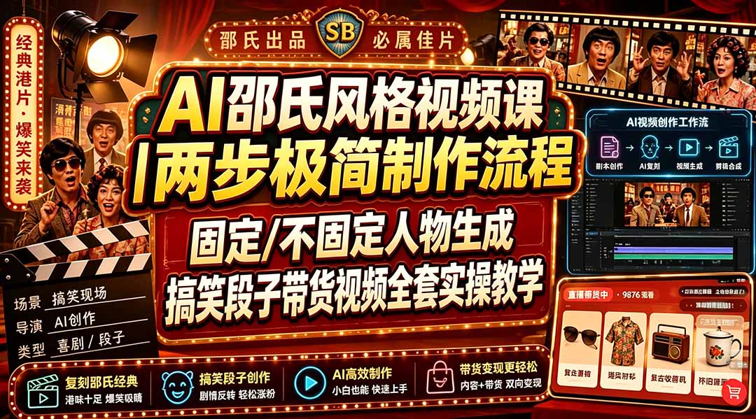 AI邵氏风格视频课|两步极简制作流程,固定/不固定人物生成,搞笑段子带货视频全套实操教学-优优云网创