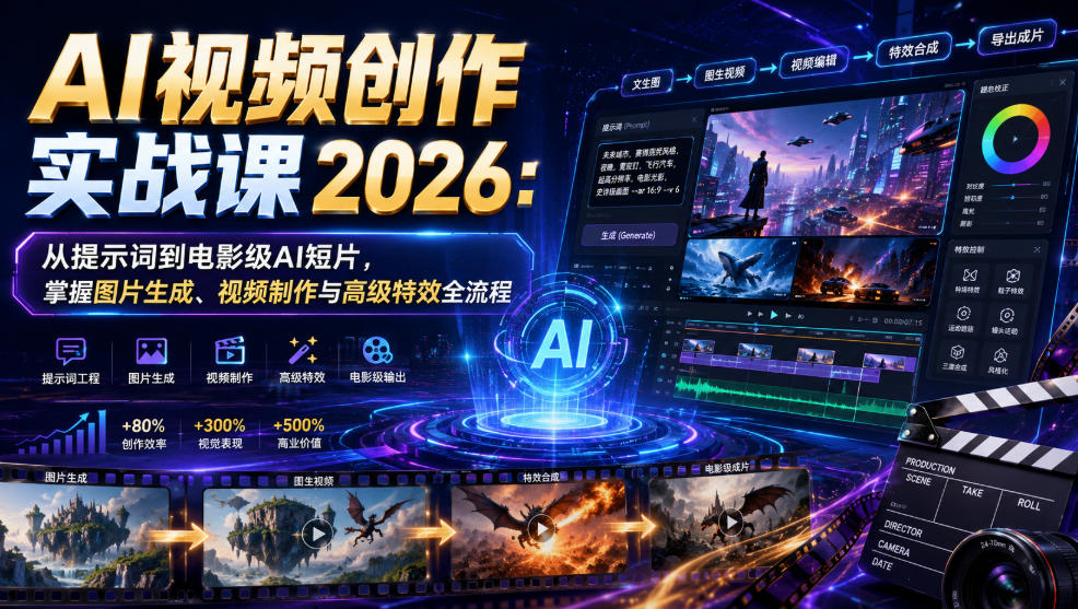 AI视频创作实战课2026:从提示词到电影级AI短片,掌握图片生成、视频制作与高级特效全流程-优优云网创