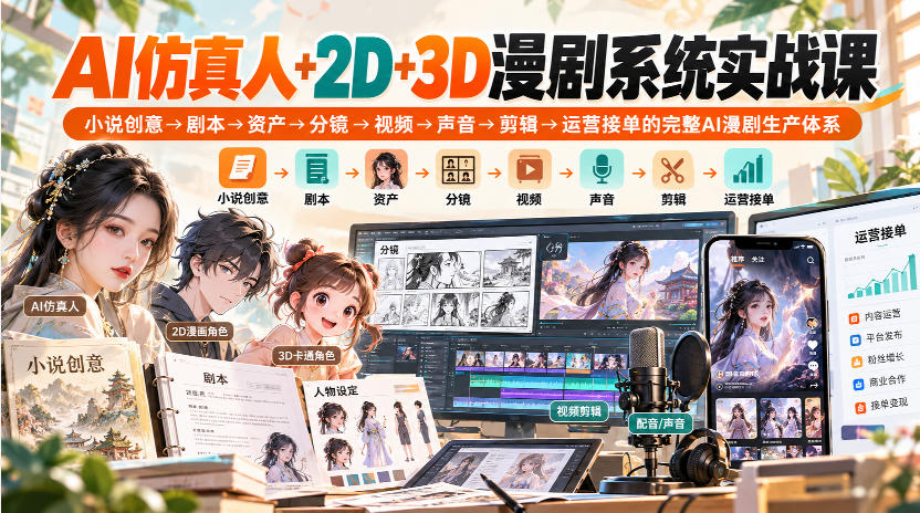 【无水印】AI仿真人+2D+3D漫剧系统实战课,小说创意→剧本→资产→分镜→视频→声音→剪辑→运营接单的完整AI漫剧生产体系 【无水印】AI仿真人+2D+3D漫剧系统实战课,小说创意→剧本→资产→分镜→视频→声音→剪辑→运营接单的完整AI漫剧生产体系