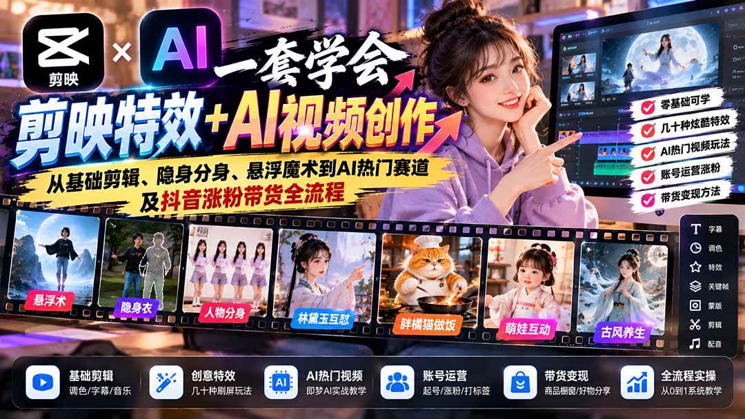 （20999期）一套学会剪映特效+AI视频创作：从基础剪辑、隐身分身、悬浮魔术到AI热门赛道及抖音涨粉带货全流程