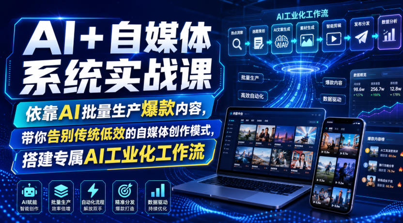 AI+自媒体系统实战课,依靠AI批量生产爆款内容,带你告别传统低效的自媒体创作模式,搭建专属AI工业化工作流-优优云网创