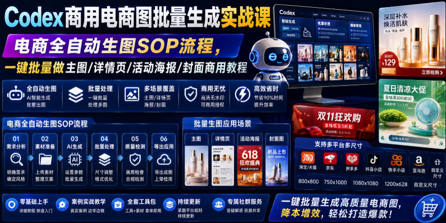 Codex商用电商图批量生成实战课|电商全自动生图SOP流程,一键批量做主图/详情页/活动海报/封面商用教程-优优云网创