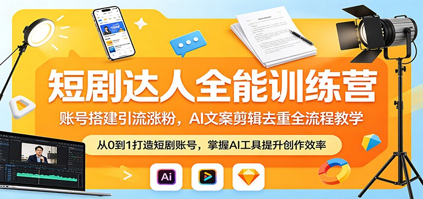 短剧达人全能训练营:账号搭建引流涨粉,AI 文案剪辑去重全流程教学-优优云网创