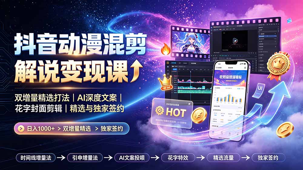 抖音动漫混剪解说变现课：双增量精选打法｜AI深度文案｜花字封面剪辑｜ 精选与独家签约日入1000+-优优云网创